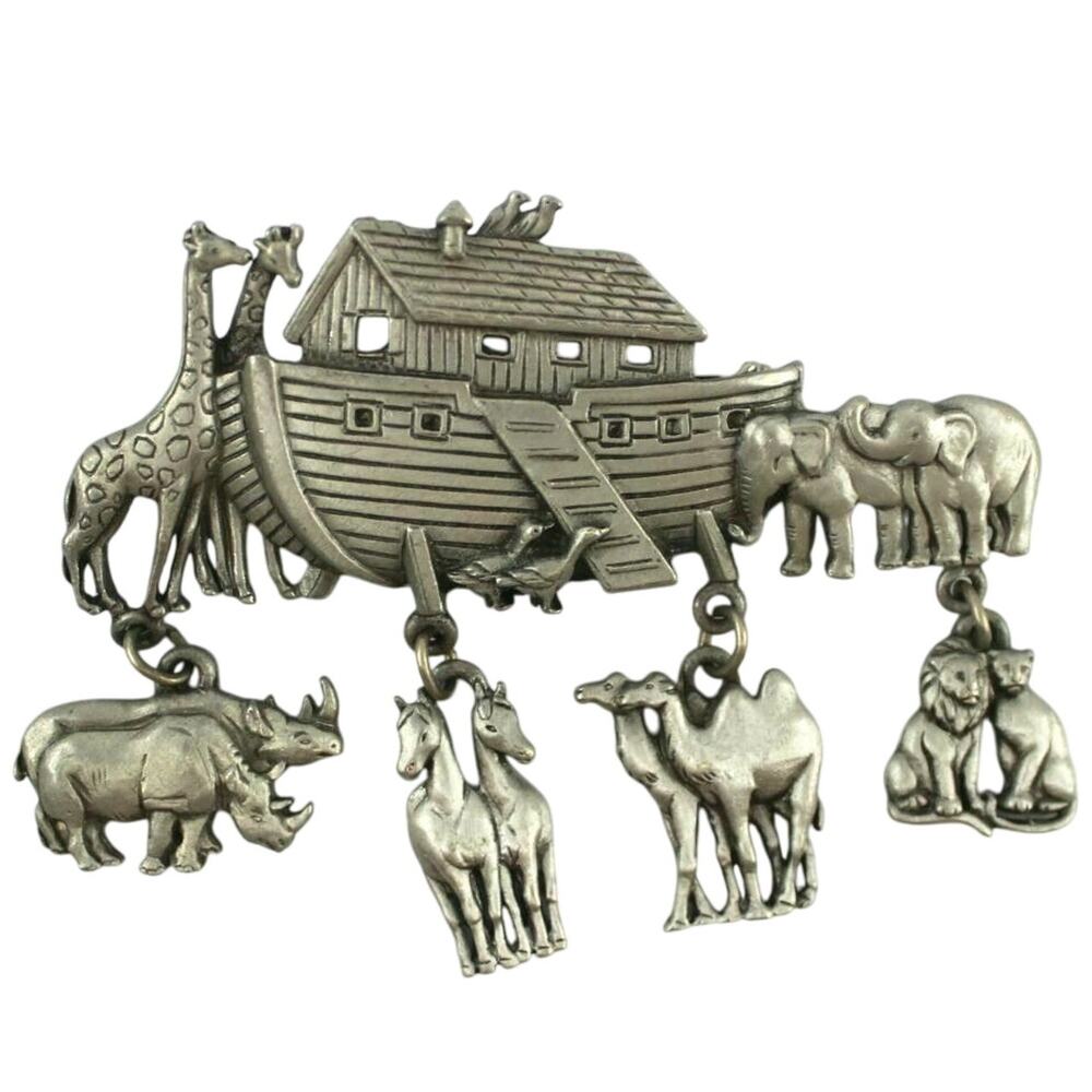 JJ Silvertone Noah's Ark Brooch Elephants Lions Rhinos Giraffes Ducks Horses
